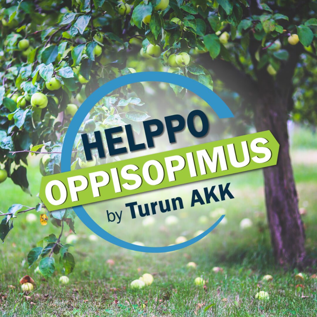 Helppo oppisopimus by Turun AKK logo edustalla ja taustalla omenapuu, jossa vihreitä omenoita.